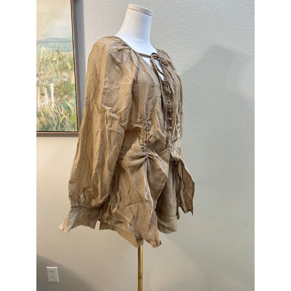 Tan Ruched Button Front Top and Shorts Two Piece Set Textured Co-ord - Picture 2 of 8